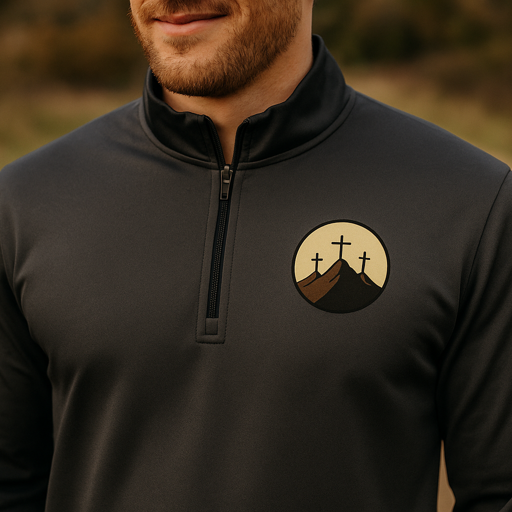 Closer promotional image with accurate logo for the dark grey quarter-zip pullover