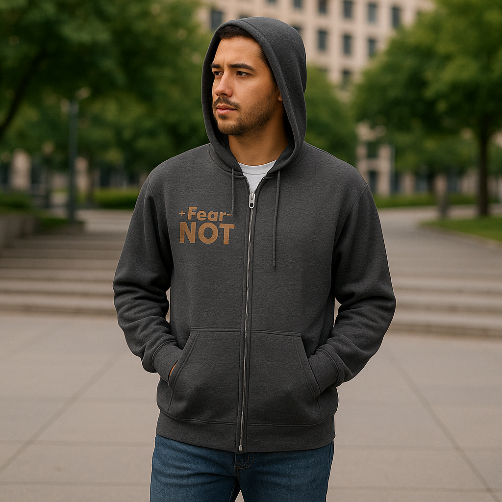 Promotional image of person wearing "Fear NOT" zip hoodie from a distance