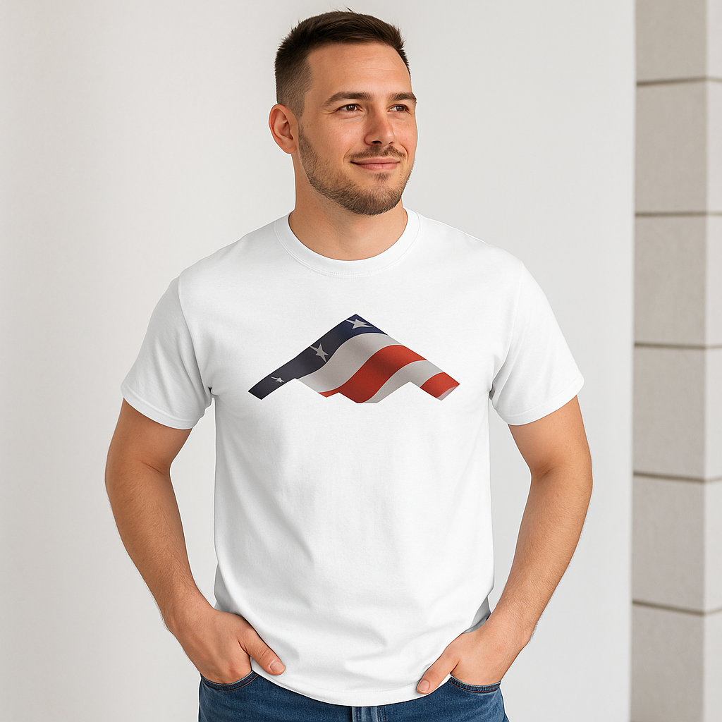 Promotional image of person wearing patriotic mountain t-shirt