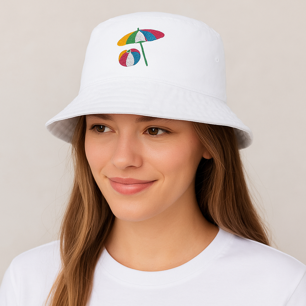 Promotional image of person wearing white bucket hat with colorful beach umbrella design