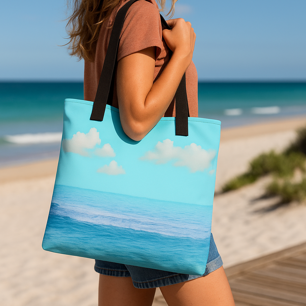 Promotional lifestyle image showing someone carrying the ocean-themed tote bag in a coastal setting