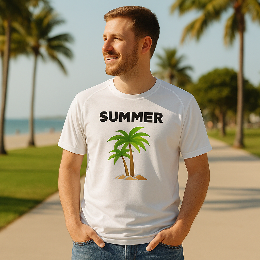 Promotional lifestyle image showing someone wearing the summer palm tree t-shirt from a distance in an outdoor setting