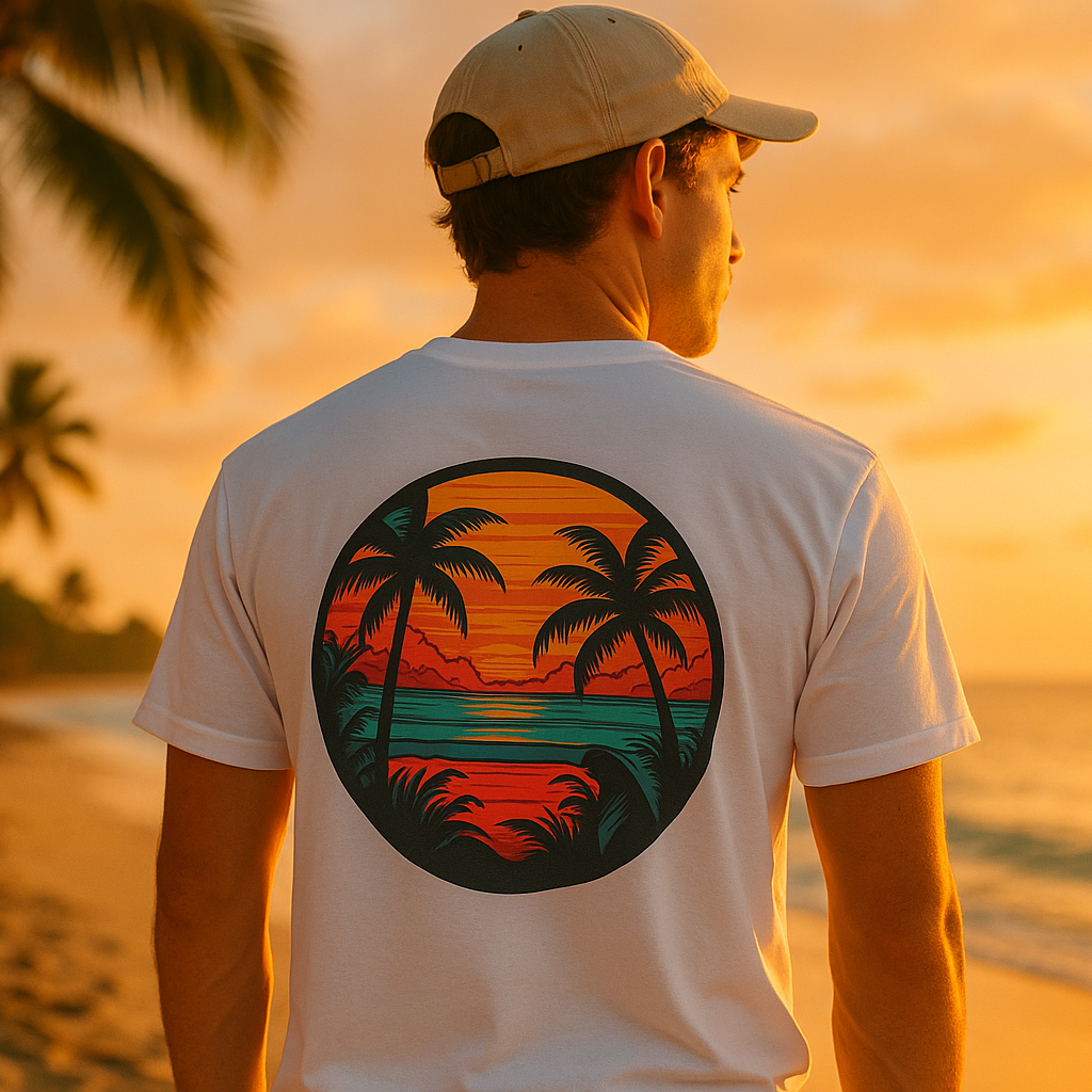 Promotional lifestyle image showing someone wearing the tropical sunset t-shirt from behind in a beach setting