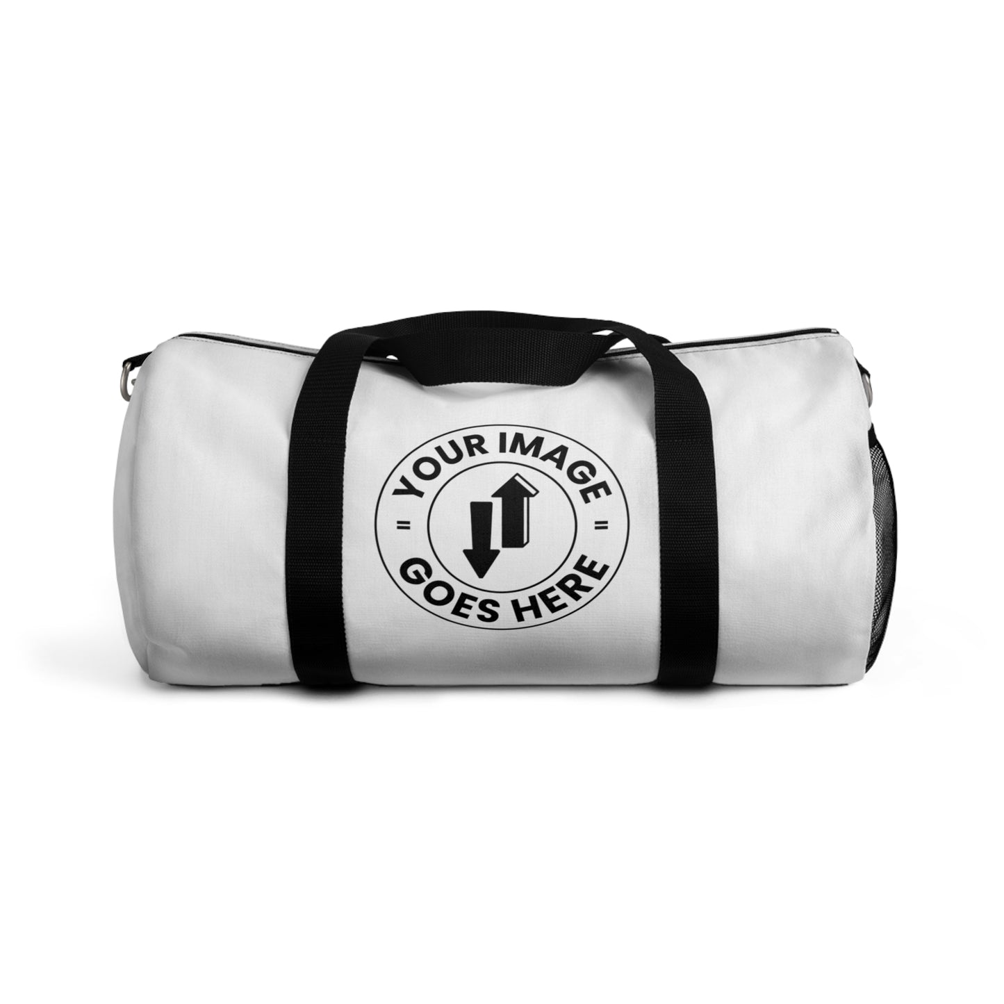 White duffel bag with black straps on a white background