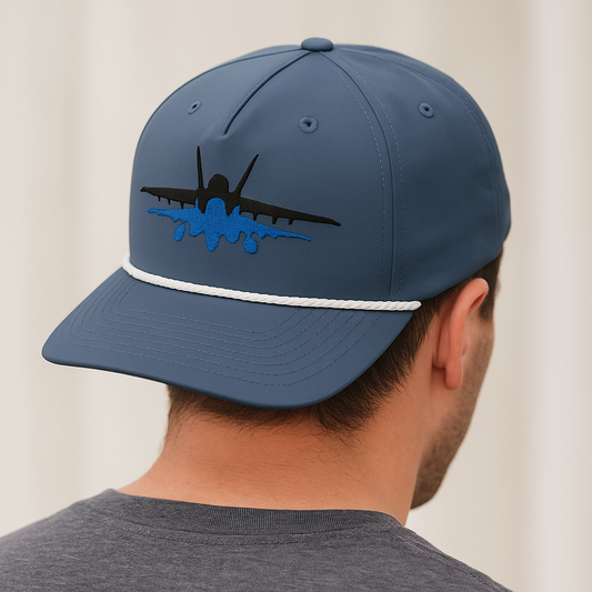 Another promotional image of person wearing navy blue fighter jet cap with face not visible