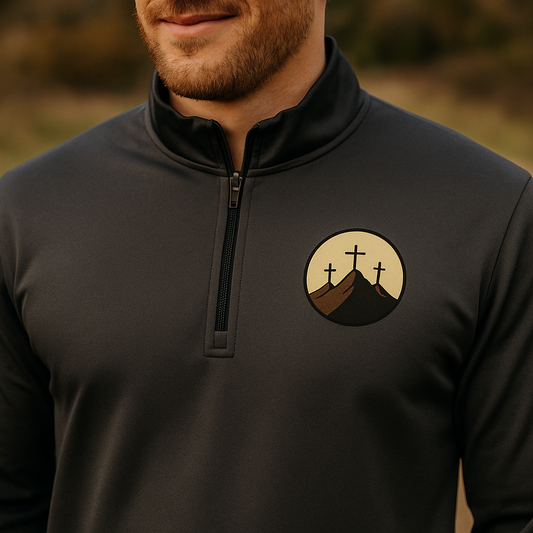 Closer promotional image with accurate logo for the dark grey quarter-zip pullover