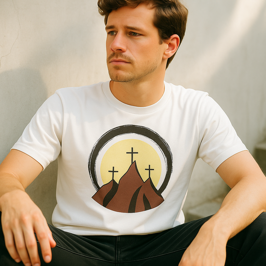 Lightened version of the artistic promotional image showing someone wearing the religious-themed t-shirt with brighter lighting