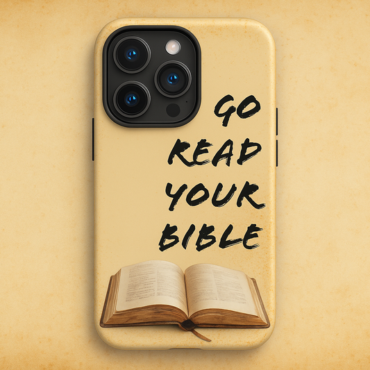 Promotional cover image featuring the "GO READ YOUR BIBLE" phone case