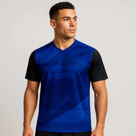 Promotional image of person wearing blue and black geometric sports jersey