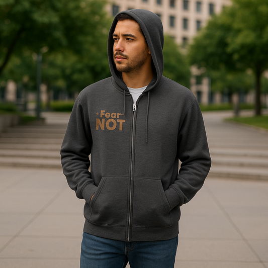 Promotional image of person wearing "Fear NOT" zip hoodie from a distance