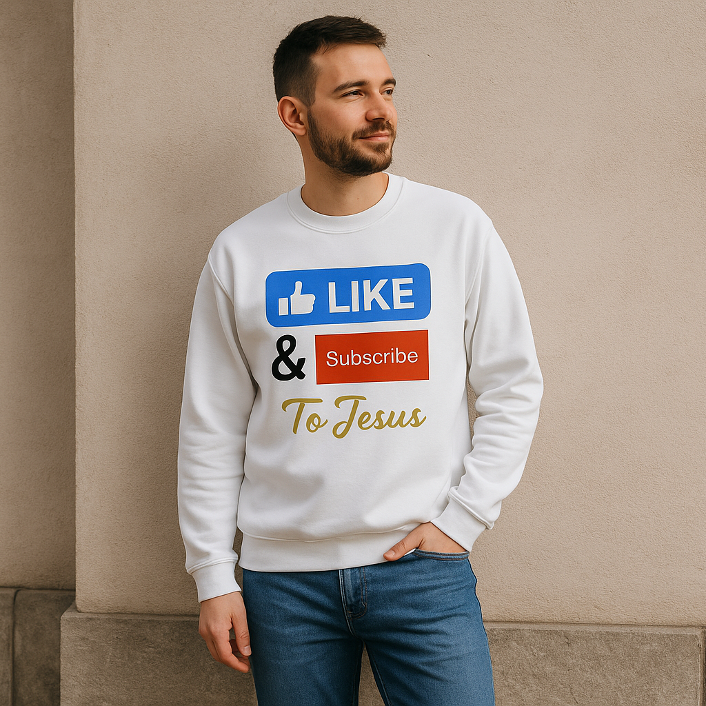 Promotional image of person wearing "Like & Subscribe To Jesus" sweatshirt leaning against wall from distance