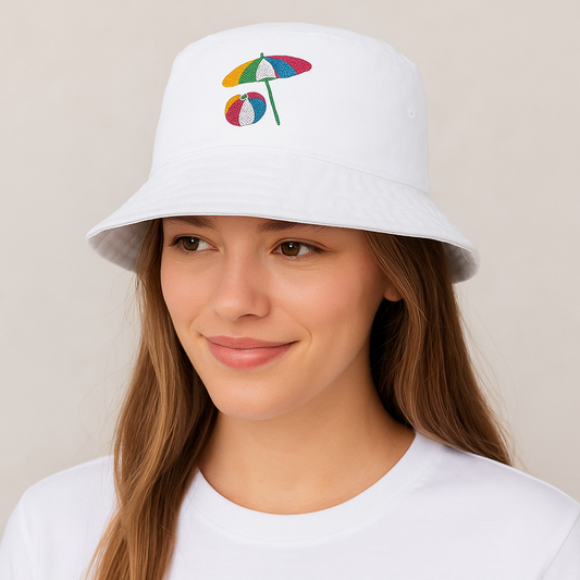 Promotional image of person wearing white bucket hat with colorful beach umbrella design