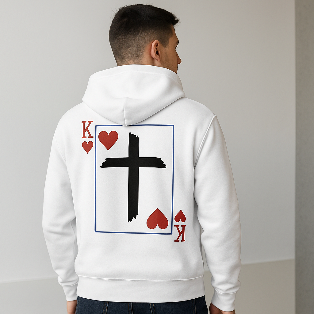 Promotional image of person wearing white hoodie with King of Hearts cross design