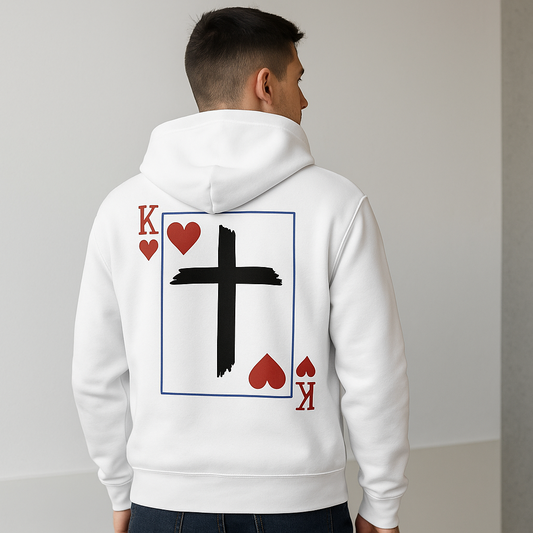 Promotional image of person wearing white hoodie with King of Hearts cross design