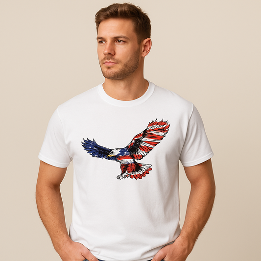 Promotional image of person wearing white t-shirt with patriotic eagle design