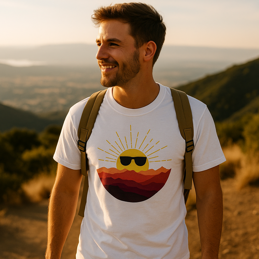 Promotional image showing someone wearing the sun and mountain t-shirt
