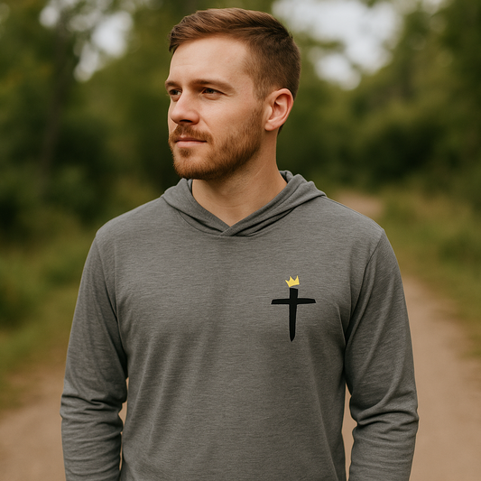 Promotional image with corrected cross and crown design for the grey hooded long sleeve tee