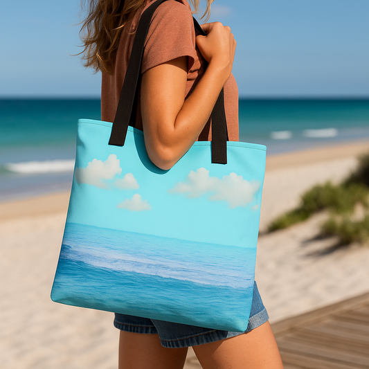 Promotional lifestyle image showing someone carrying the ocean-themed tote bag in a coastal setting