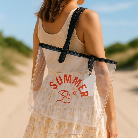 Promotional lifestyle image showing someone from behind carrying the clear "SUMMER" tote bag