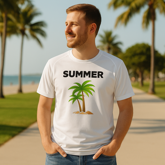 Promotional lifestyle image showing someone wearing the summer palm tree t-shirt from a distance in an outdoor setting